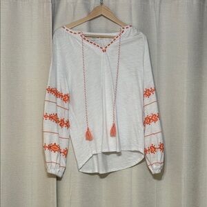 White and Orange Embroidered Women's Top